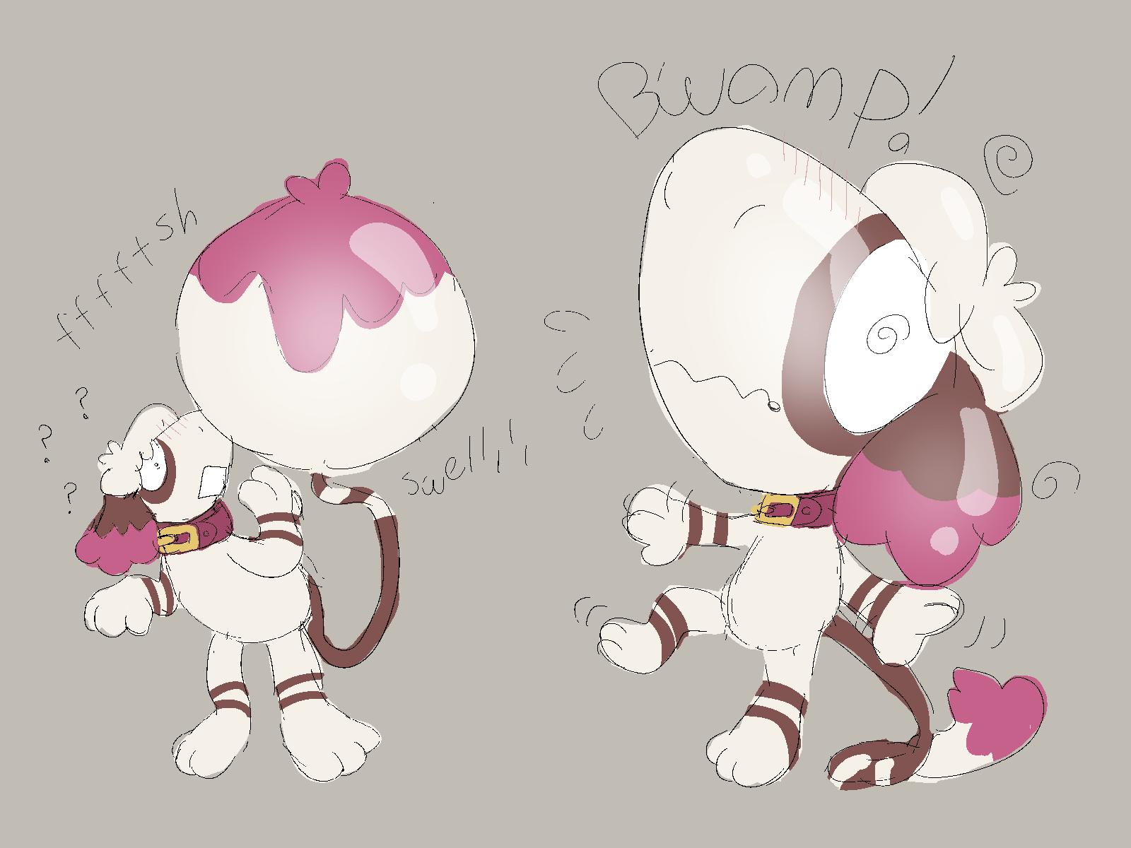 two pictures of lacey; one getting her tail inflated and one getting her head inflated
