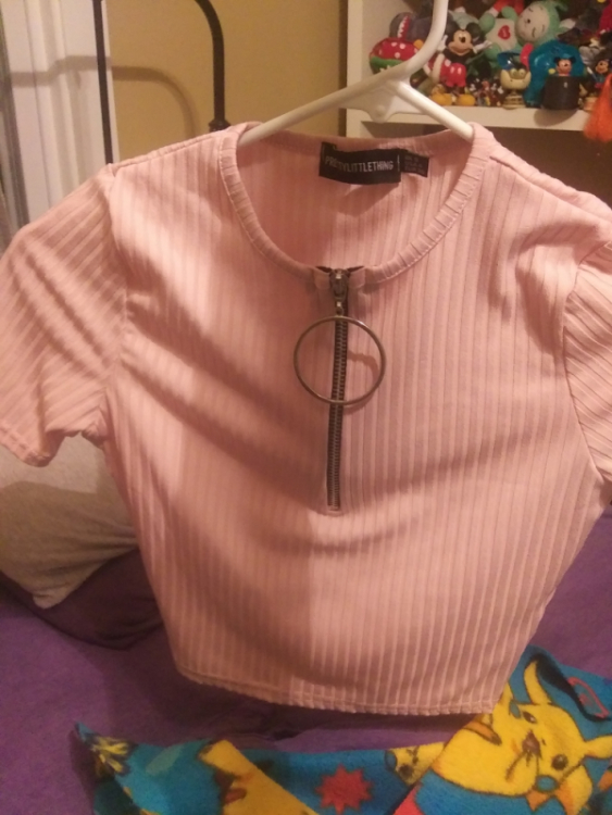 A pink crop top with a zipper and O-ring