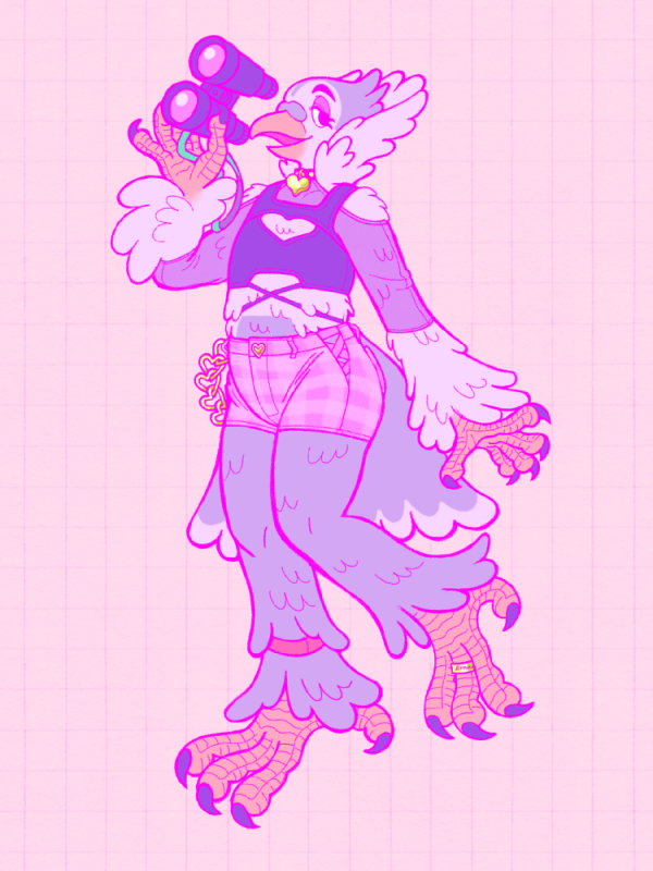 Pk posing with some birding binoculars in its current default outfit